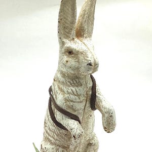Cast Iron Vintage White Rabbit With Amber Glass Eyes and Suede Harness