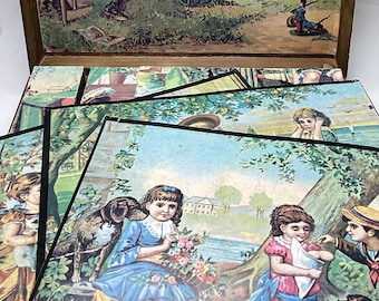 Victorian Child's 6-Sided Block Puzzle with Lithograph Samples - Rare, Complete Condition