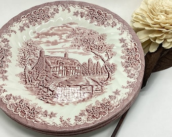 Red Transferware Cottage Scene Plates - Churchill Made in England Ironstone