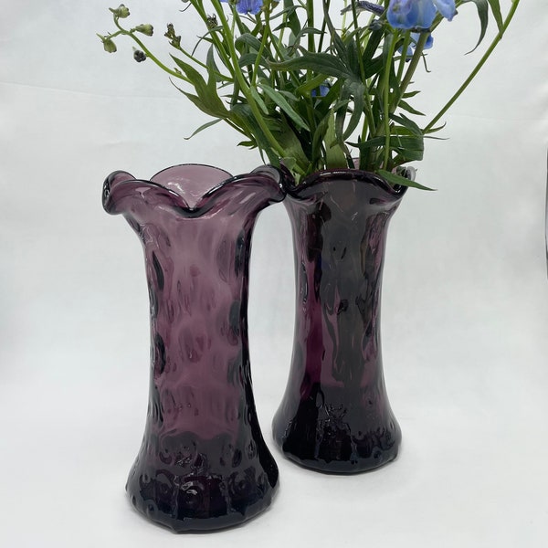 Two Vintage Dark Purple Dimpled and Scalloped Glass Vases