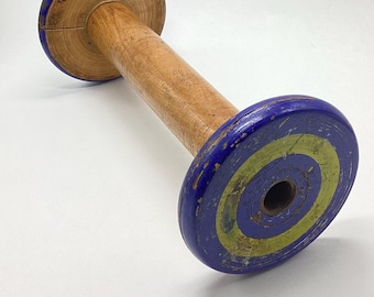 Large Vintage English Industrial Sewing Bobbin or Spindle - Blue and Yellow Mod Bullseye Design