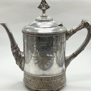 1920s Meriden Silverplate Coffee Pot: Eastlake Engraved Victorian Design