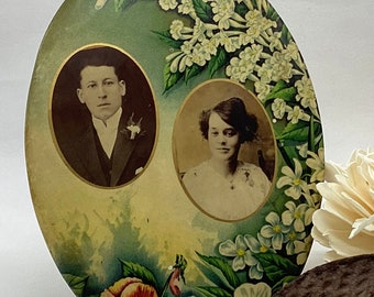 1910s Celluloid Photo Button with Easel - Two Sweethearts