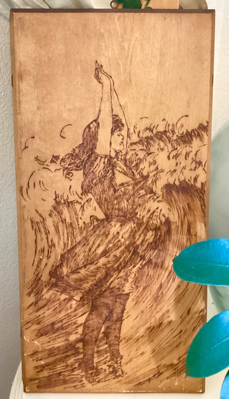 Rare Art Nouveau Pyrography Wood Panel for Hanging - Girl in Ocean ...