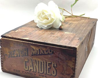 Dovetailed-Wood Advertising Candy Box from 1900s with Remnants of Original Labels