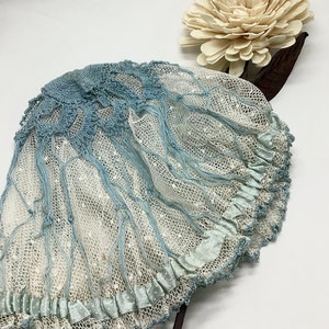 1920s Blue and White Lace, Crochet, and Ribbon Night Cap