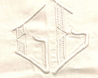 Authentic Antique French Linen Monogrammed, Embroidered Sheet - G.B.