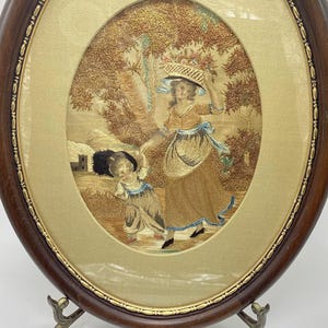 Antique Embroidered Silk Textile Scene of 18th Century Mother and Child Gathering Flowers