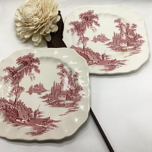 Vintage Square Red Transferware Ironstone Plates Johnson Bros Old Mill