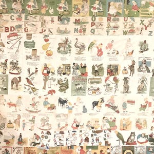 May include: A vintage alphabet quilt featuring colorful illustrations of various objects and animals, each paired with a letter. The quilt showcases a charming, old-fashioned design with a cream-colored background and a variety of images.