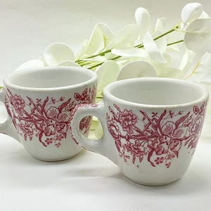 May include: Two white ceramic mugs featuring a detailed red floral pattern printed on the exterior. Each mug has a sturdy, rounded handle and a smooth, tapered body. The design depicts various flowers and foliage in a classic transferware style.