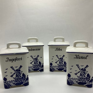Vintage Blue and White Norwegian or Danish Porcelain Spice Jar Set of 4