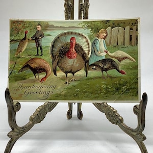Original Thanksgiving 1900s Postcard - Turkeys and Children