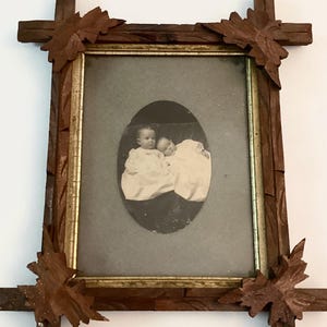 Sibling Victorian Babies Boarded Photograph in Original Carved Wood Eastlake Frame