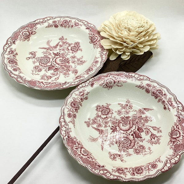 Bristol Crown Ducal England Red (or Pink) Transferware Soup Bowls Vintage