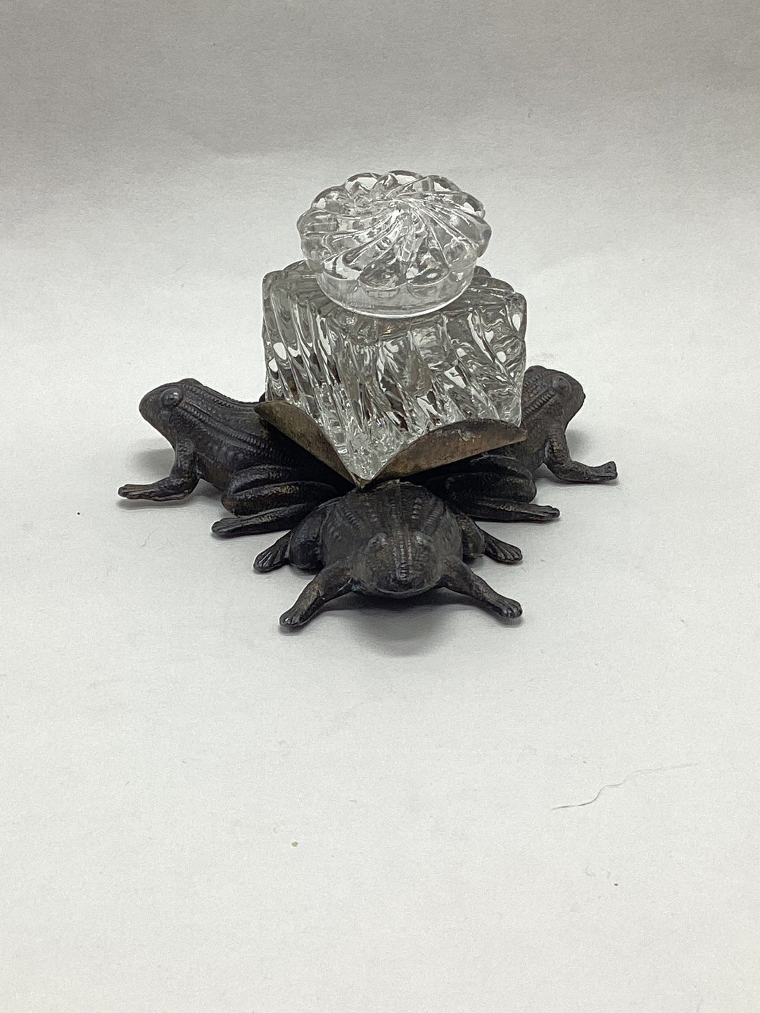 Victorian Inkwell Three Frogs Aesthetic Movement Cast Metal and Crystal ...