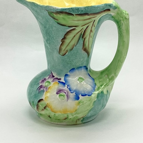 James Kent Fenton England Majolica-Style Pitcher in Turquoise, Green, and Yellow, With Floral Design