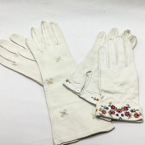 Teens - 1920s Kid Leather White Gloves With Embroidered Bows