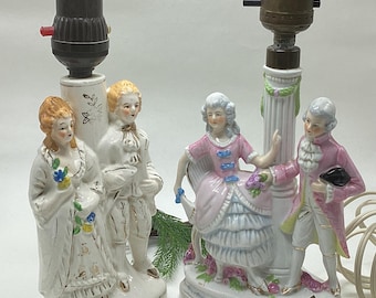 Vintage White Japan Ceramic Table Lamp With 18th Century Couple