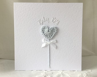 Handmade Baby Boy Card: Crocheted Blue Heart, Minimalist Design
