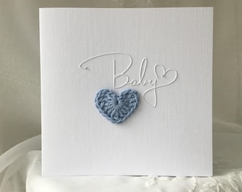 New baby boy card, a baby son, congratulations a new baby, blue crocheted heart, minimalist baby card, special baby boy, it’s a boy card