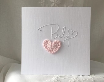 New baby girl card, it’s a girl, congratulations baby daughter, handmade card, pink crocheted heart, minimalist baby girl card, white linen