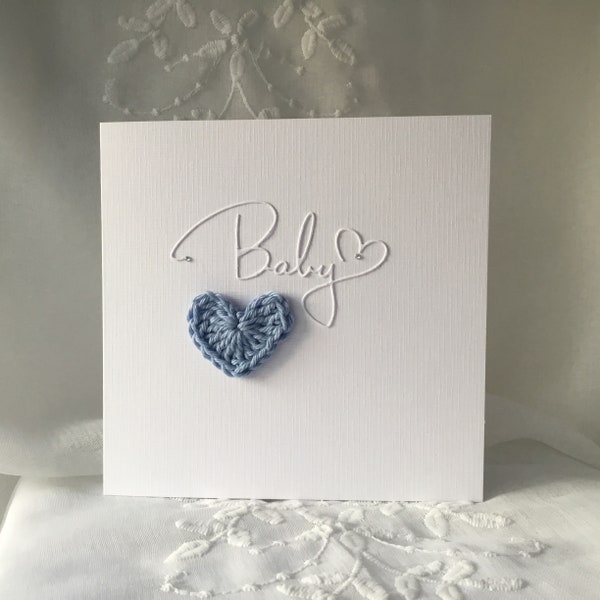 New baby boy card, a baby son, congratulations a new baby, blue crocheted heart, minimalist baby card, special baby boy, it’s a boy card