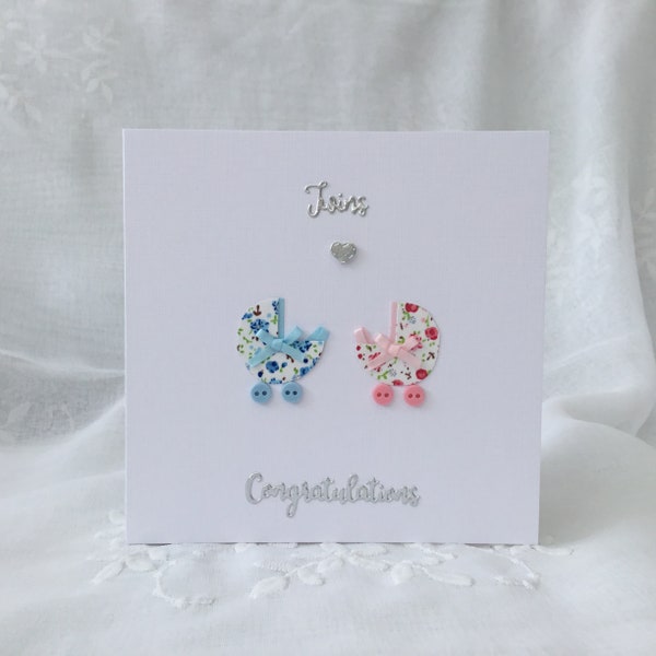 Twins boy and girl card, handmade card It’s Twins, shabby chic pram, bow and buttons, congratulations on twin boy and girl, special card