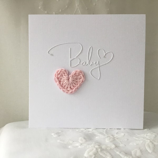 New baby girl card, it’s a girl, congratulations baby daughter, handmade card, pink crocheted heart, minimalist baby girl card, white linen