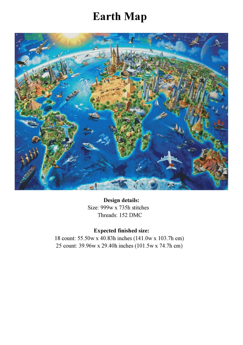 World Map Cross Stitch Pattern / Earth Map Cross Stitch Chart Etsy