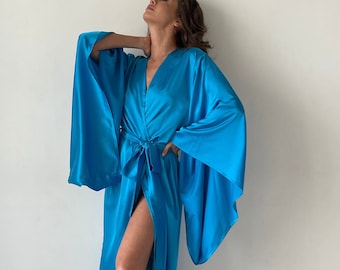 Bata larga de kimono sedosa / Bata de baño de seda azul / Bata de seda para mujer / Bata de novia / Bata de damas de honor / Bata para ella / Bata para la fiesta de bodas