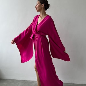 Hot Pink Robe | Natural Fabric Kimono | Soft Cotton Blend Robe | Loungewear for Women | Breathable Cotton Robe | Long Flowing Dressing Gown