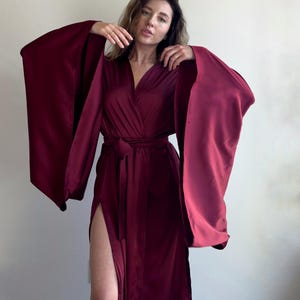 Women&#39;s Luxury Burgundy Kimono | Robe with Double Side Slits | Deep Wine Silk Loungewear |  Bridal Boudoir Dressing Gown | Bridesmaids Gift
