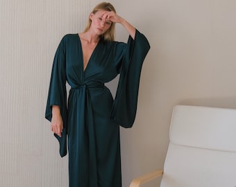 Women's Long Silk Robe with Kimono Sleeves | Kimono Robe | Women's Day Gift | Cutom Bathrobe | Silk Loungewear | Satin Robe | Gif for Her