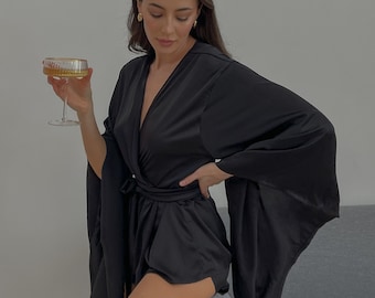 Silk Short Kimono w Shorts | Silky Loungewear | Pajama Set Women | Pajama Set Bottoms | Lounge Set | Bridesmaid Pajama Set | Gift For Her