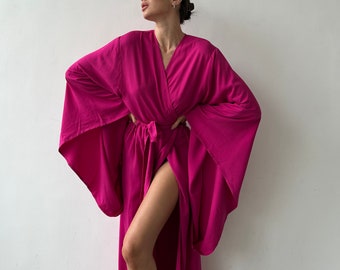 Robe with Kimono Sleeves | Cotton Robe | Women&#39;s Long Robe | Bridal Robe | Bridesmaids Robe | Gift For Her | Kimono Robe | Boudoir Robe