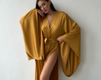 Silk Kimono Robe With Two Side Slits | Bridal Robe | Bridesmaid Robe | Goddess Bathrobe | Gift For Her | Bride Robe for Wedding Day