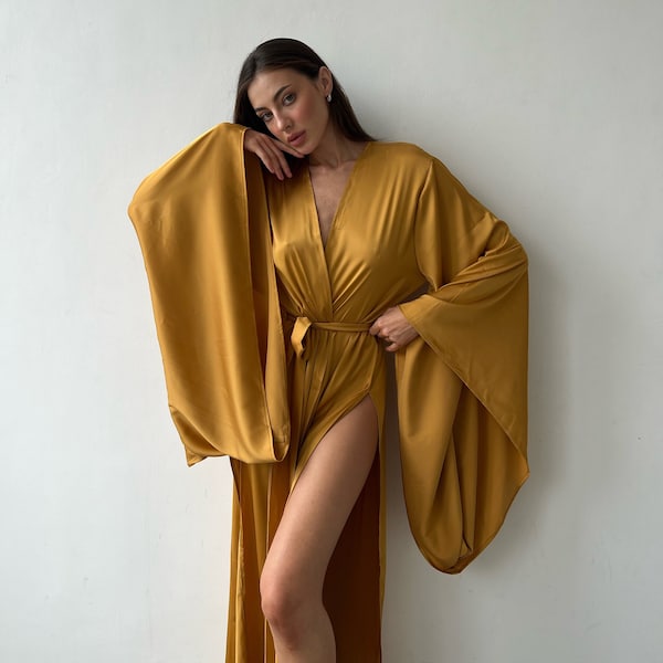 Silk Kimono Robe With Two Side Slits | Bridal Robe | Bridesmaid Robe | Goddess Bathrobe | Gift For Her | Bride Robe for Wedding Day