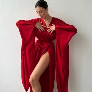 Goth Kimono Robe With Extra Long Sleeves Red Robe Gothic Style Robe Bridal Robe Luxury Silk Loungewear Gift for Her Women s Robe Etsy