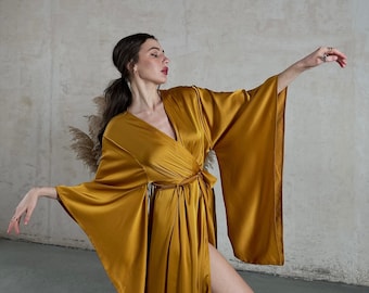 Silk Kimono Robe | Wide Sleeve Satin Wrap Dress | Boudoir Loungewear | Bridal Morning Robe | Elegant Homewear | Wedding Morning Silky Robe