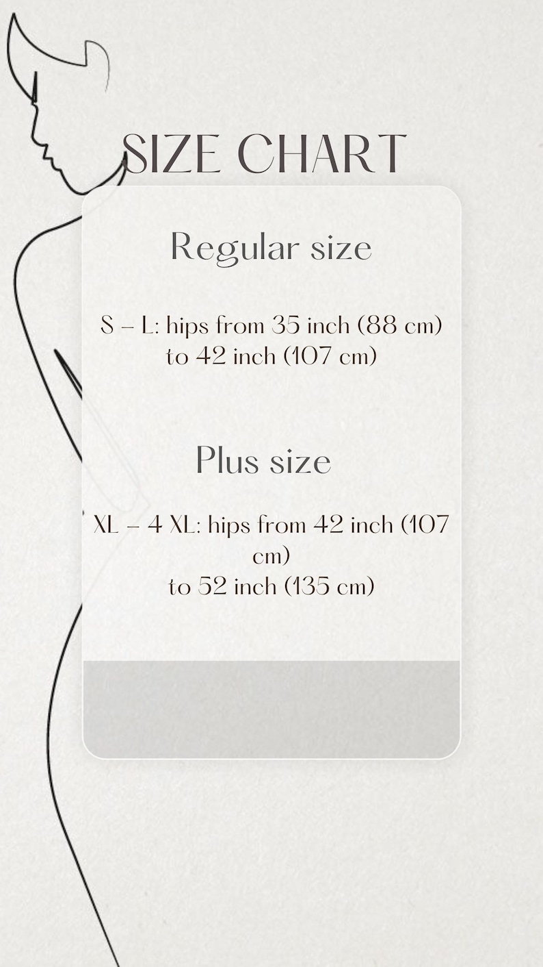 May include: Size chart for clothing with measurements in inches and centimeters. Regular size: hips from 35 inches (88 cm) to 42 inches (107 cm). Plus size: hips from 42 inches (107 cm) to 52 inches (135 cm).
