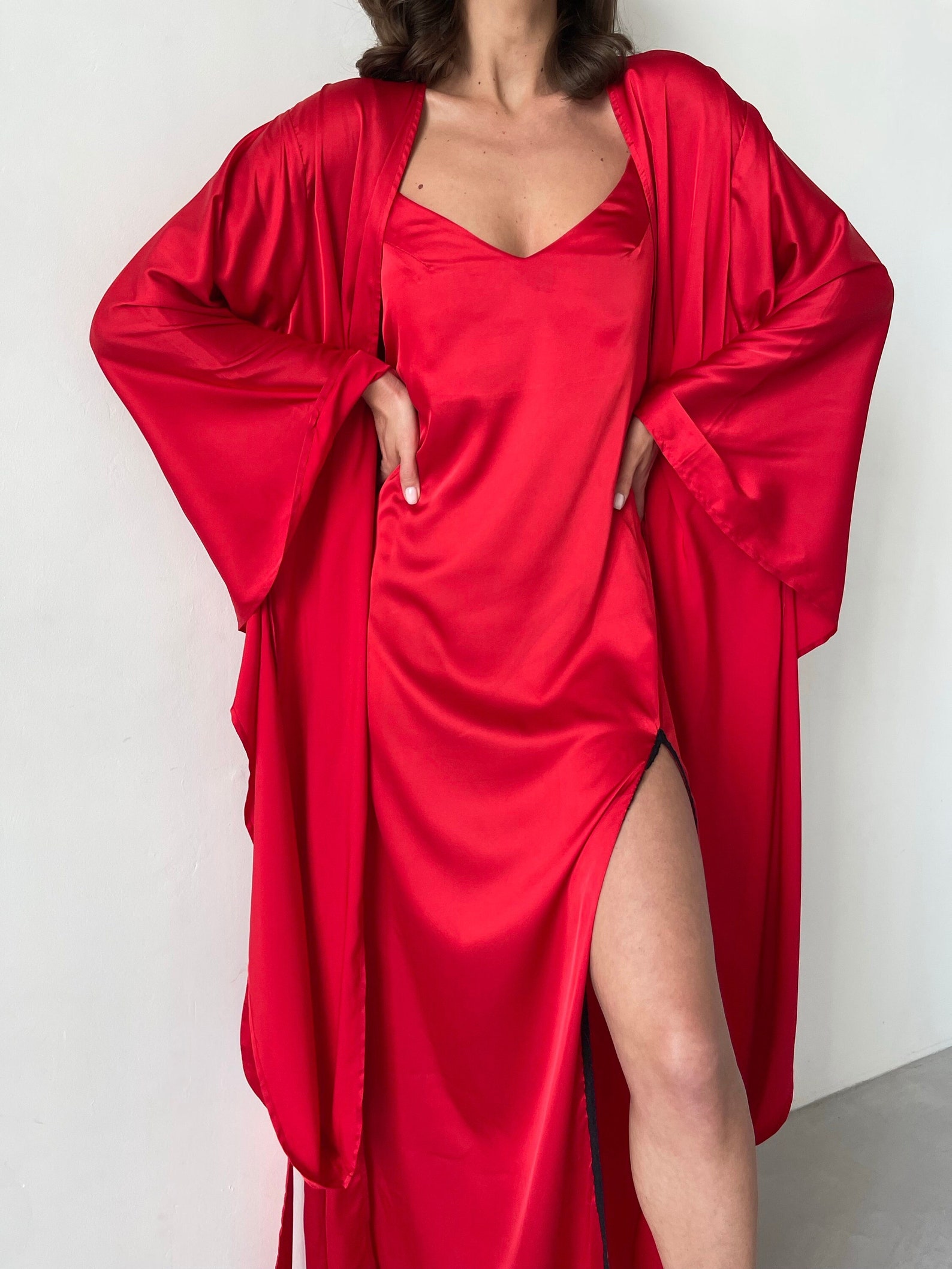 Super Long Robe Kimono Silky Robe With Extra Long Sleeves | Red Kimono Robe | Bohemian ...
