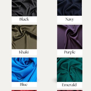 May include: Color palette swatches showing different fabric colors: black, navy, khaki, purple, blue, emerald, red, and burgundy.