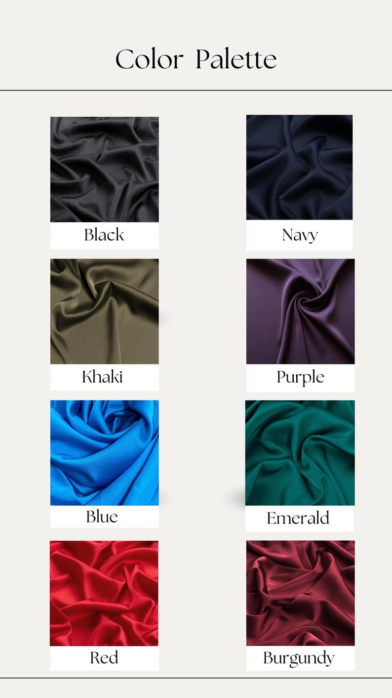 May include: Color palette swatches showing different fabric colors: black, navy, khaki, purple, blue, emerald, red, and burgundy.