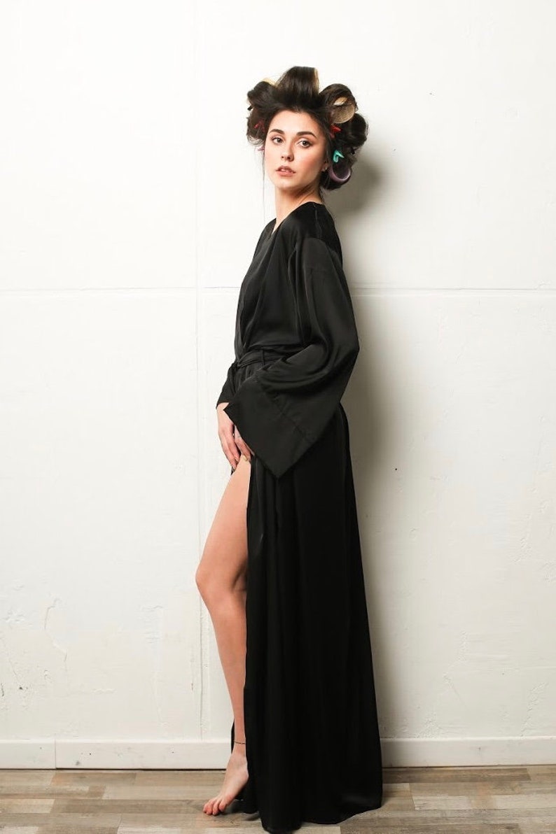 Kimono silk long robe XL robe silk maxi robe Bridesmaid robe plus size kimono | Silk kimono sleeves Boudoir robe