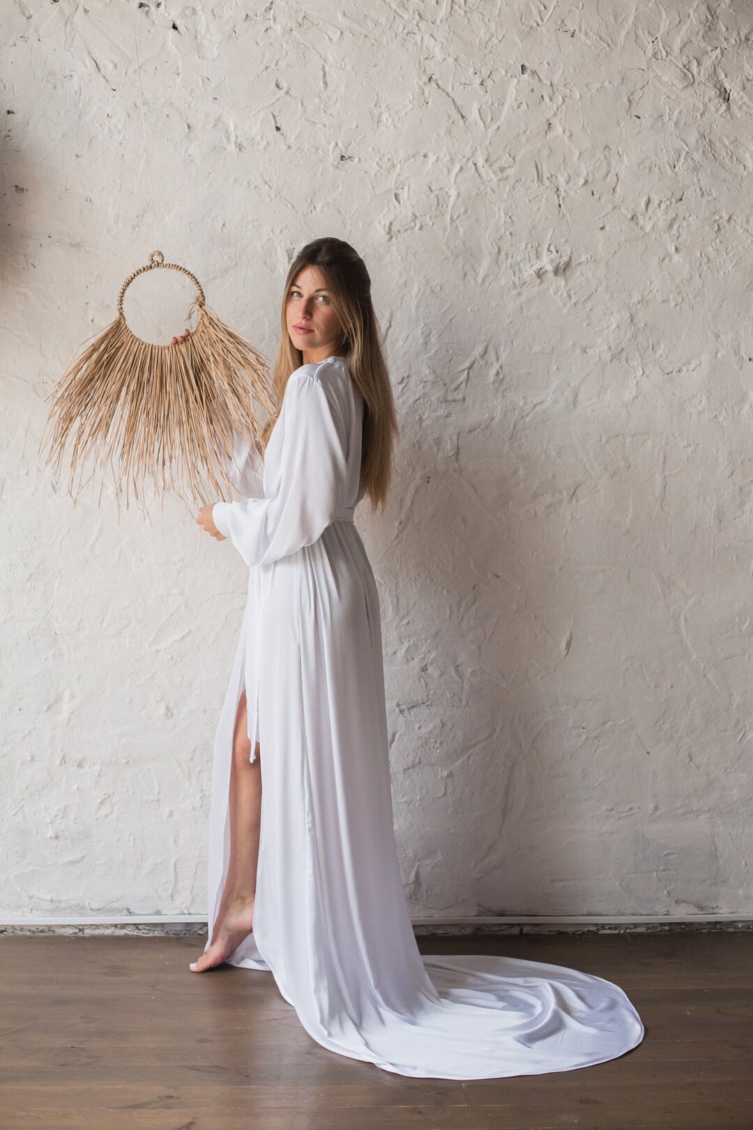 Bridal Robe With Train | Wedding Robe With Train | White Silk Robe With ...