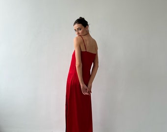 Silk Gown with Lace | Evening Gown | Red Wedding Morning Dress | Slip Dress | Goddess  Dress | Evening Gown | Bohemian Dress | Night Gown