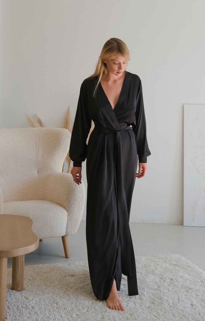 Women's Long Silky Robe Black Silky Long Robe Wedding Robe Bridesmaids Robe Christmas Gift For Her image 1