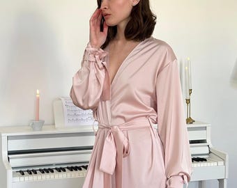 Pink Silky Robe with Bow Cuff Ties | Blush Pink Wrap Robe with Ties and Feminine Sleeves | Wedding Robe for Bride | Mother's Day Gift Robe