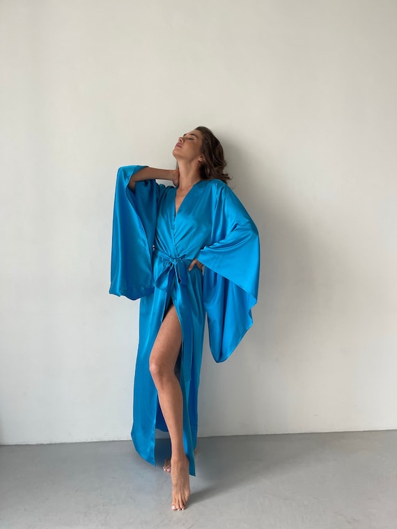 Silky Long Kimono Robe | Blue Silk Bathrobe| Silk Dressing Gown for Women | Bridal Robe | Bridesmaids Robe |Robe For Her| Wedding Party Robe